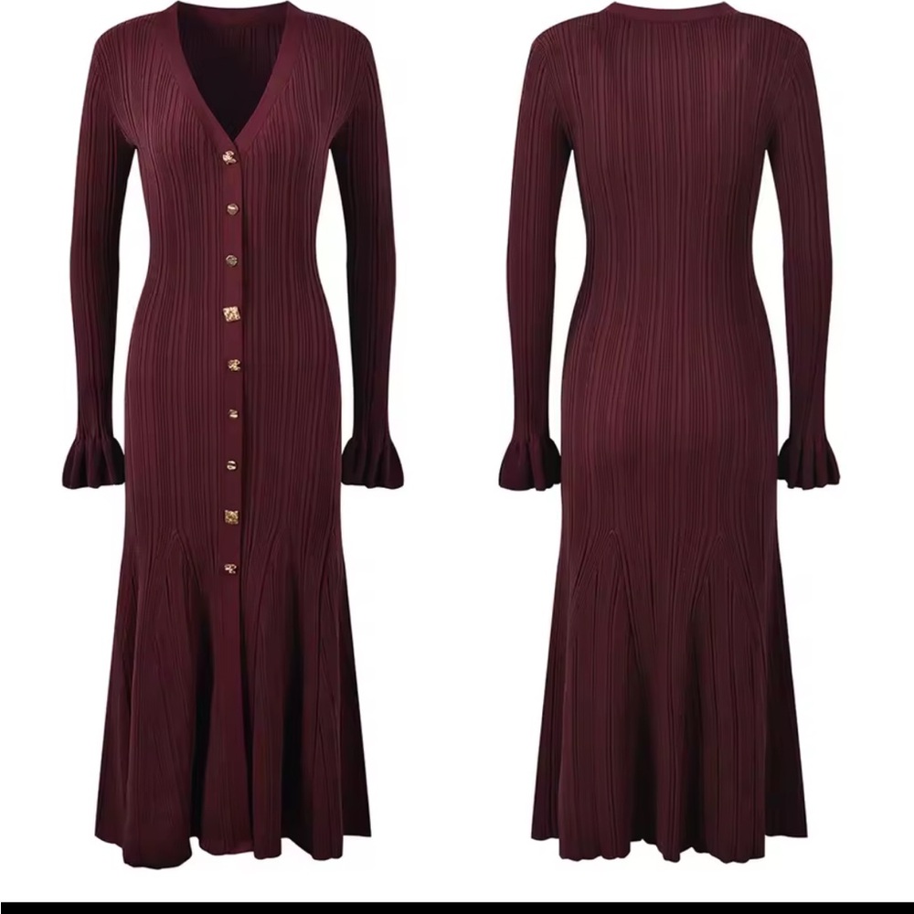 Micas Rib Knit V-Neck Midi Dress